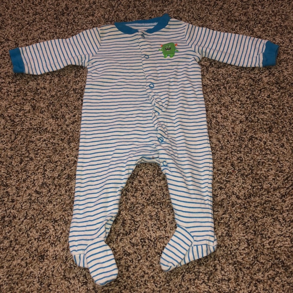 Baby monster blue and white striped onzie